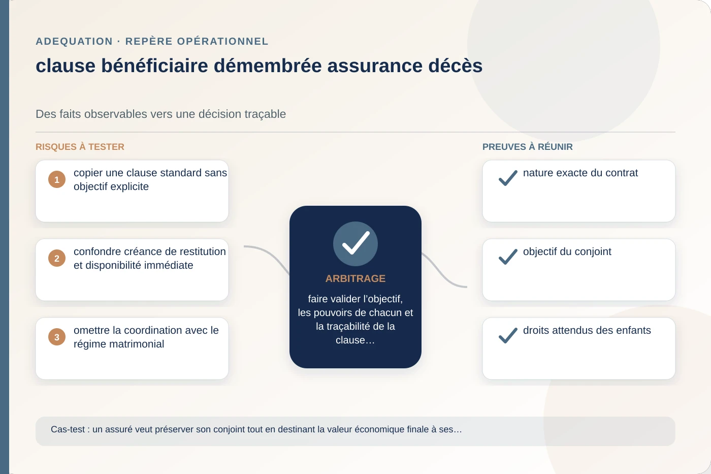 Analyse structurée de clause bénéficiaire démembrée assurance décès